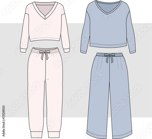 Set of women's home wear. Fashion sketch. Cropped and straight pants. Vector illustration. long sleeve pajama, technical drawing, sleep wear flat, tee and pajama set 2 pieces.