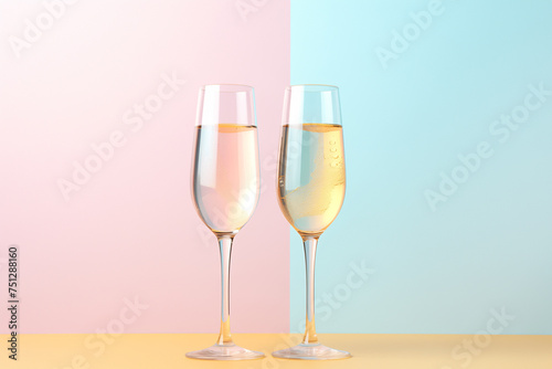 Two elegant champagne glasses filled with sparkling wine, set against a dual-tone pink and blue pastel background. The concept of a festive mood for the New Year or Valentine's Day