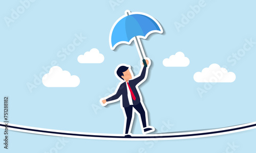 Shielding business or investment from risks, overcoming challenges, dangers, and difficulties for career success concept, confident brave businessman ropewalker equilibrium walk on high tight rope.