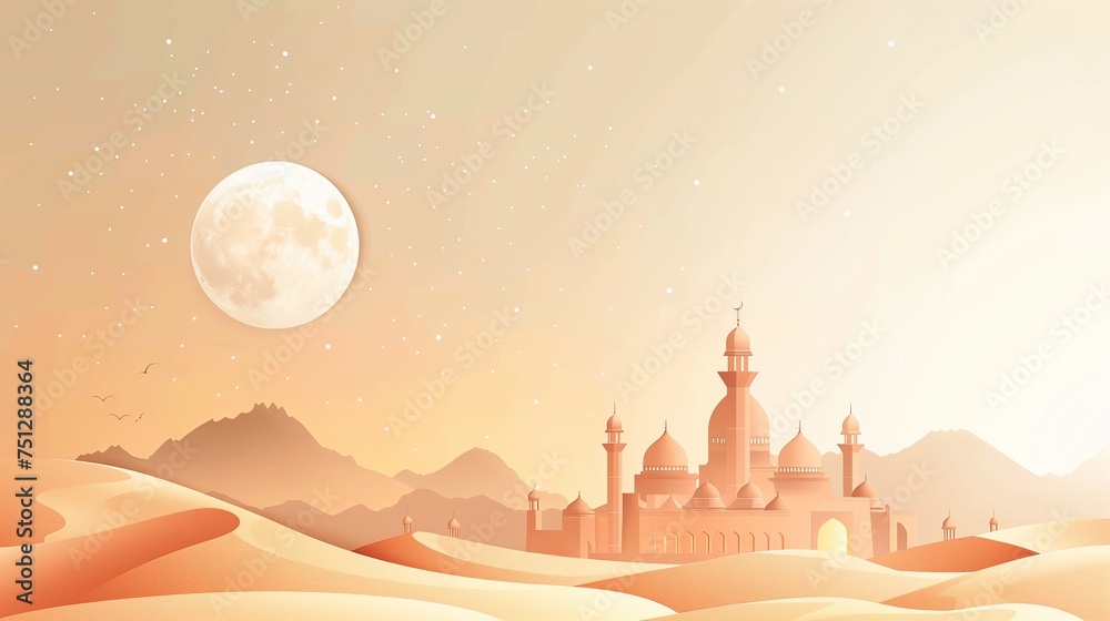 Desert landscape with mosque and full moon, ideal for Ramadan backgrounds with space for text