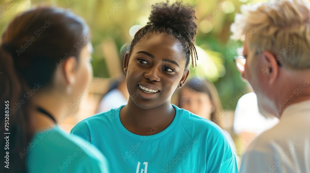 Multiracial woman of volunteers talking while working at community center.