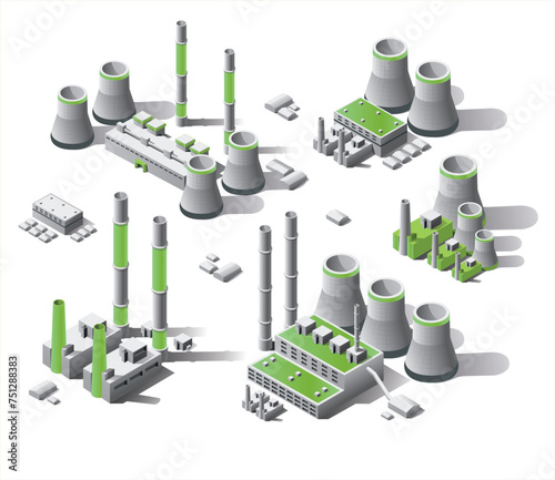 3d isometric set factories, Isometric icon set, Set plants for energy production,  isometric nuclear power plant on a white background vector illustration 