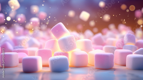 A pile of glowing pink marshmallows in soft focus, illuminated with a magical light amidst a bokeh background