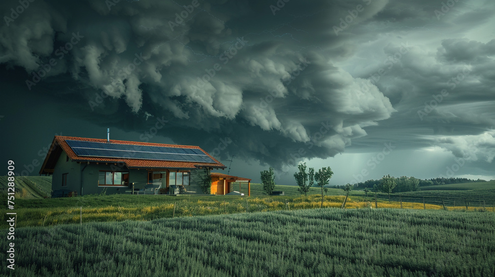 A dramatic storm rolling in over a smart home equipped with solar panels, highlighting the resilience and adaptability of renewable energy solutions.