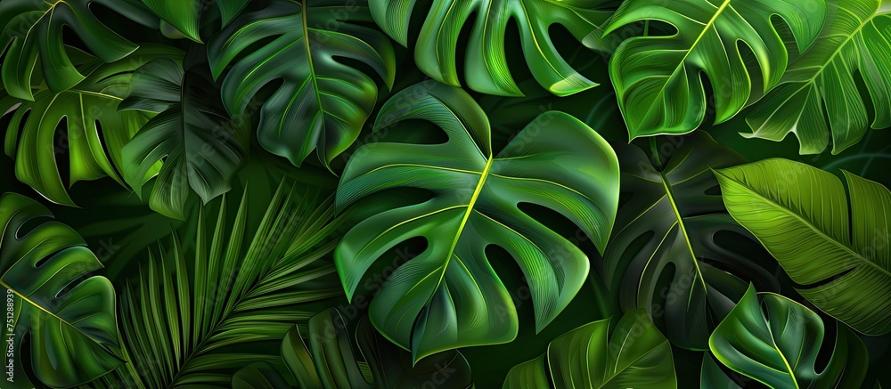 A detailed view of a cluster of vibrant green leaves, showcasing the texture and patterns of tropical foliage. The leaves are tightly packed together, creating a lush and dense appearance. A detailed view of a cluster of vibrant green leaves, showcasing the texture and patterns of tropical foliage. The leaves are tightly packed together, creating a lush and dense appearance.
