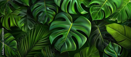 A detailed view of a cluster of vibrant green leaves, showcasing the texture and patterns of tropical foliage. The leaves are tightly packed together, creating a lush and dense appearance.
