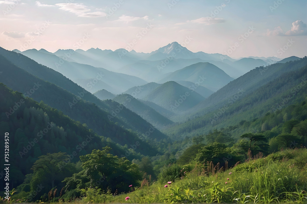 Obraz premium Haze Laden Valley View with a Large Mountain in the Distance