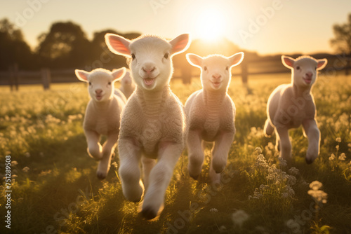 Group of lambs frolicking in a sun-drenched meadow. Generative AI