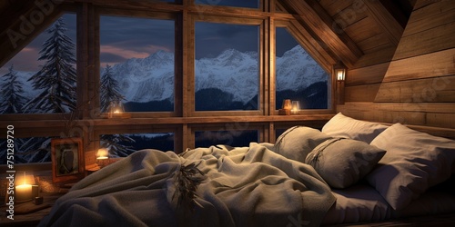 On a cold winter night, a cozy bed with fluffy pillows is framed by a large window that overlooks a serene snow-covered landscape, providing an inviting and peaceful refuge from the world outside