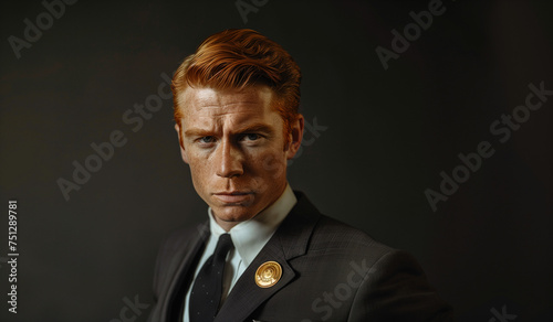a homicide detective in the 1970s wearing a suit. He must have red hair and a gold badge pinned to his jacket. 