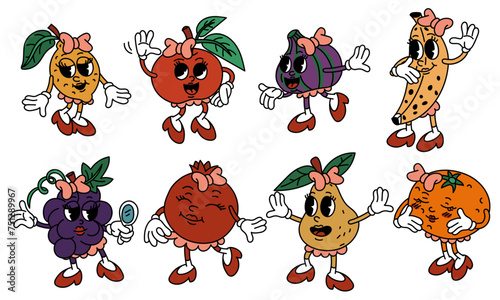 A set of retro groovy fruit characters. Retro fruit girls with emotions, in different poses. A modern illustration with cute comic book characters. Hand-drawn doodles of comic book characters. Colors