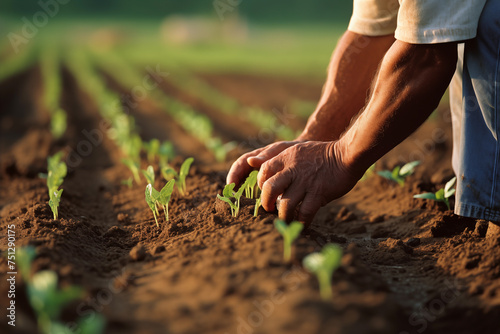 Farmer carefully inspecting rows of freshly planted crops. Generative AI