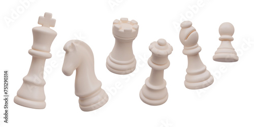 Collection of realistic white chess pieces in floating position