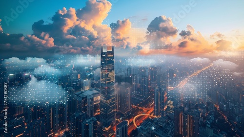 A high-rise office overlooking a cityscape, symbolizing the fusion of business and finance with cutting, edge technology and cloud computing photo