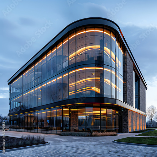 corporate modern office building.The building's minimalist design exudes elegance and sophistication, accentuated by the clean lines and glass facades. The realist art style brings.Ai