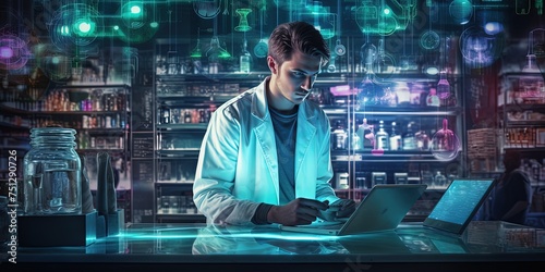 A medical doctor or pharmaceutical lab worker with in the digital age