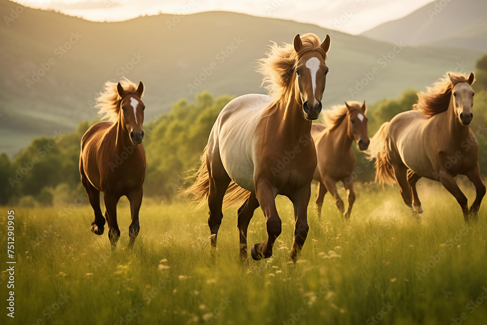 Horses grazing in a lush green pasture. Generative AI - obrazy, fototapety, plakaty 