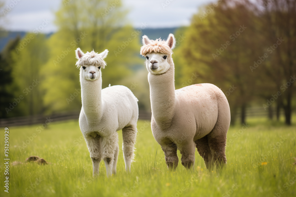 Fototapeta premium Pair of alpacas grazing peacefully in a grassy field. Generative AI