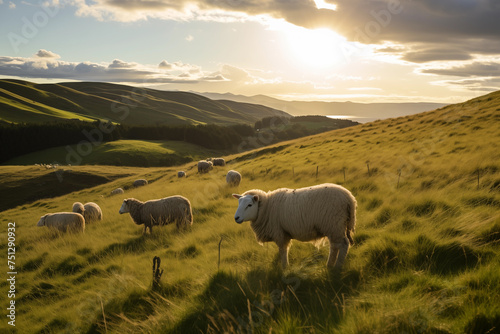 Sheep grazing on rolling hills, herding with a sheepdog, reflecting contentment. Generative AI