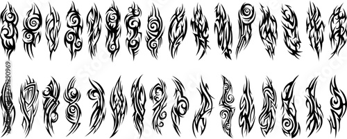 Tribal tattoo hand drawn. Silhouette illustration. Isolated abstract element set.