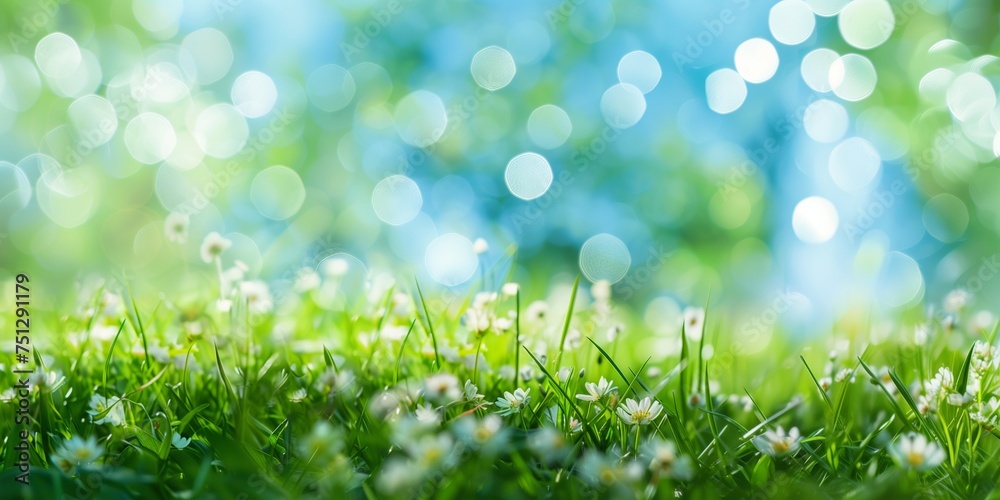 Vibrant spring background with a bokeh effect, showcasing fresh green grass and delicate white wildflowers, ideal for seasonal themes and design space for text