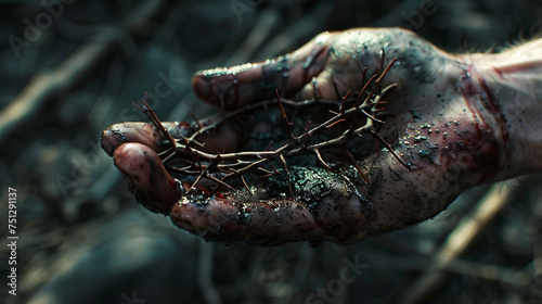 A crown of thorns in the hand of a man 