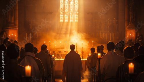 Recreation of people from back in a liturgy catholic in church