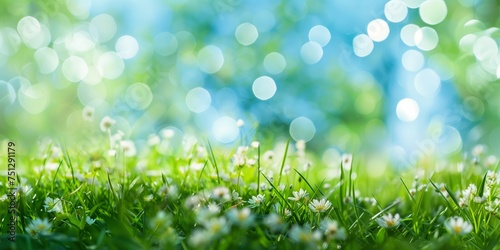 Vibrant spring background with a bokeh effect, showcasing fresh green grass and delicate white wildflowers, ideal for seasonal themes and design space for text