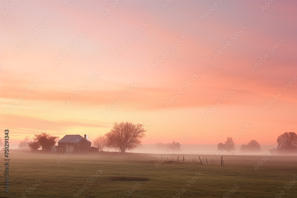 Sunrise over a tranquil farmstead. Generative AI
