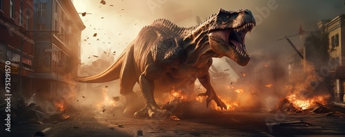 Tyrannosaurus Rex dinosaur. Destruction of city street. Dangerous monster attacks. Prehistoric mayhem