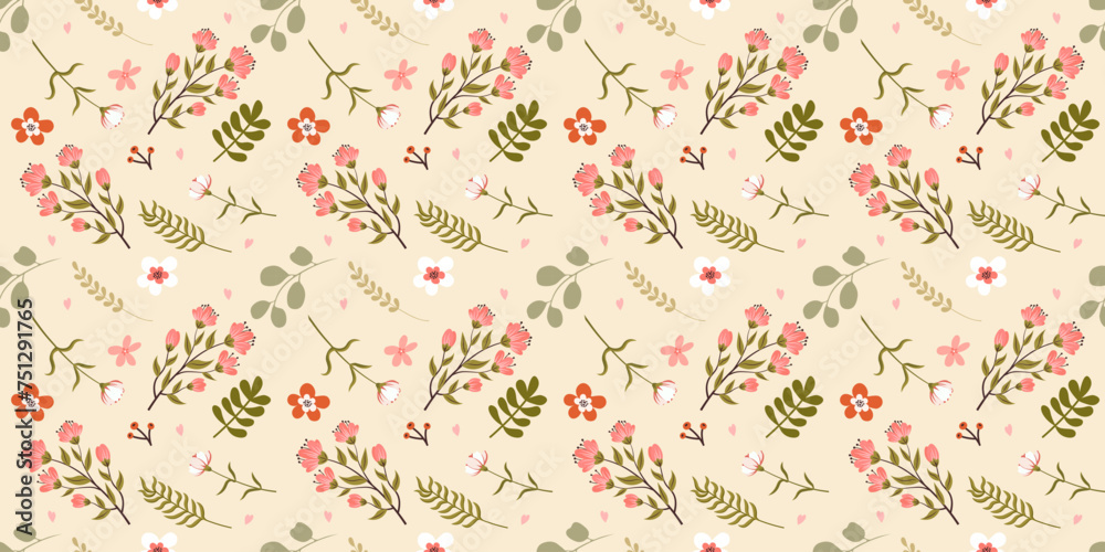 Floral seamless pattern with hand drawn flowers and leaves in soft pastel colors. Romantic vector background in doodle style for wrapping paper, greeting card, poster and textile.
