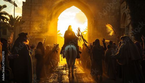 Recreation of Jesus riding a white donkey entering to Jerusalem photo