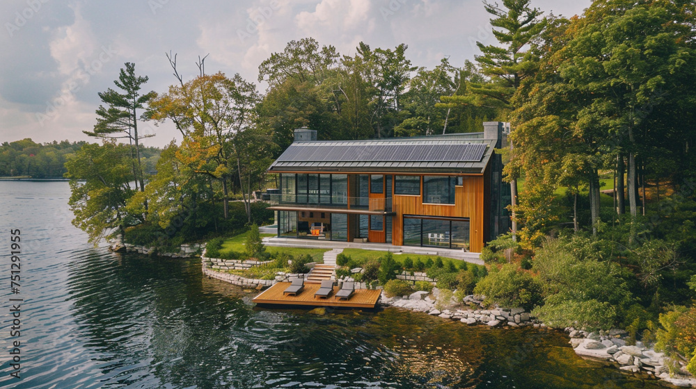 A serene lakeside setting showcasing a modern smart home with solar panels, reflecting tranquility and eco-conscious living.