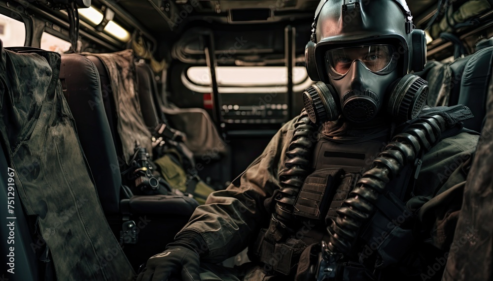 A soldier wearing a gas mask is seated inside a plane, prepared for protection against hazardous substances. The mans attire indicates readiness for potential threats in the environment