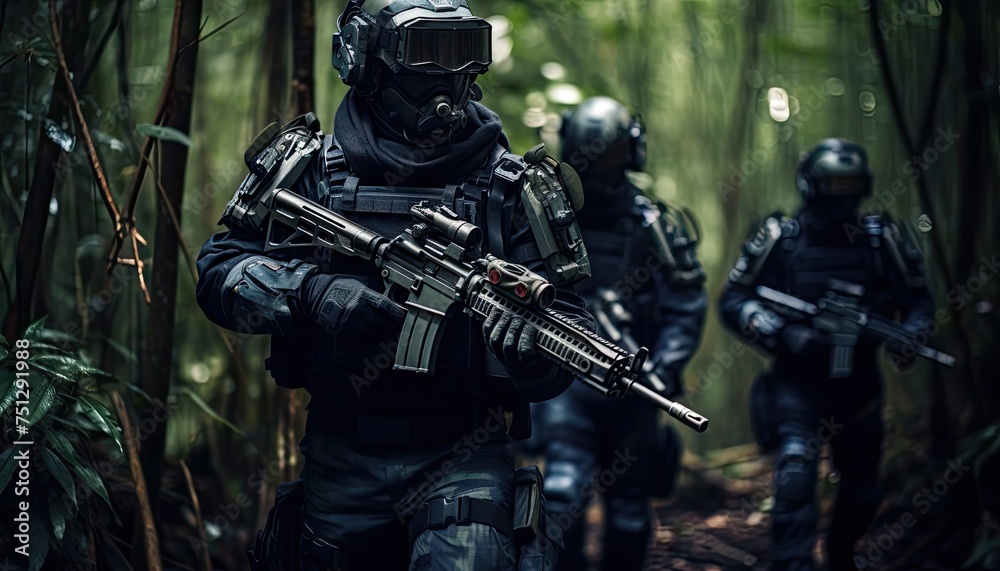 A group of elite soldiers in full armor walking through a dense forest on a mission. The soldiers are alert and scanning their surroundings for potential threats