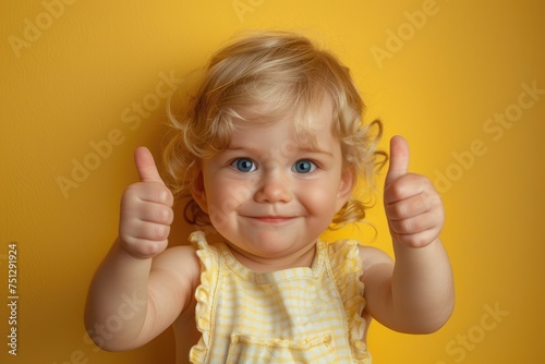 A toddler giving a thumbs-up against a yellow backdrop. Generative Ai