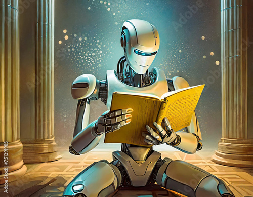 Roboter sitzt zwischen römischen Steinsäulen und liest in einem offenen Buch