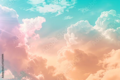 Dreamy pastel-colored sky with fluffy clouds, ideal for background use with ample copy space for inspirational quotes or advertising text photo