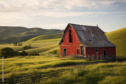 Weathered barn nestled among rolling hills. Generative AI