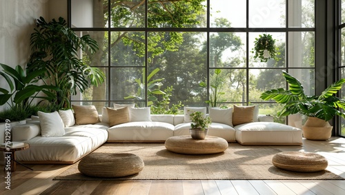 Sleek minimalist living room with white furniture, large windows, and subtle greenery accents