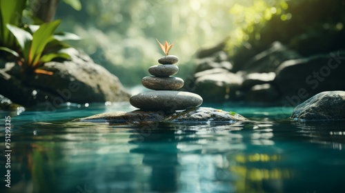 Zen stones on water, green tropical jungle backdrop