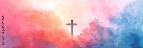 Abstract watercolor background in warm tones with a Christian cross silhouette on the right, space for text, suitable for Easter or spiritual themes photo