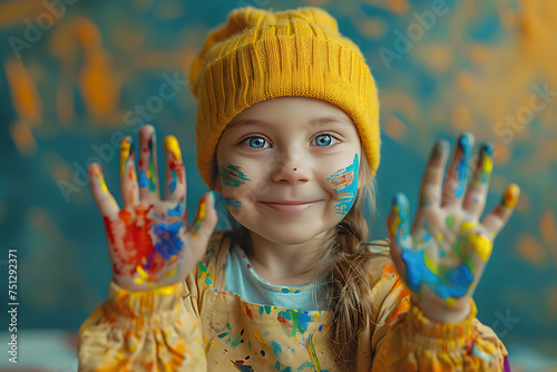 little kid paints her hand colorful and smiling  Portrait of a cute cheerful happy little girl or boy showing her hands painted in bright colors. A painting artist kid.Ai