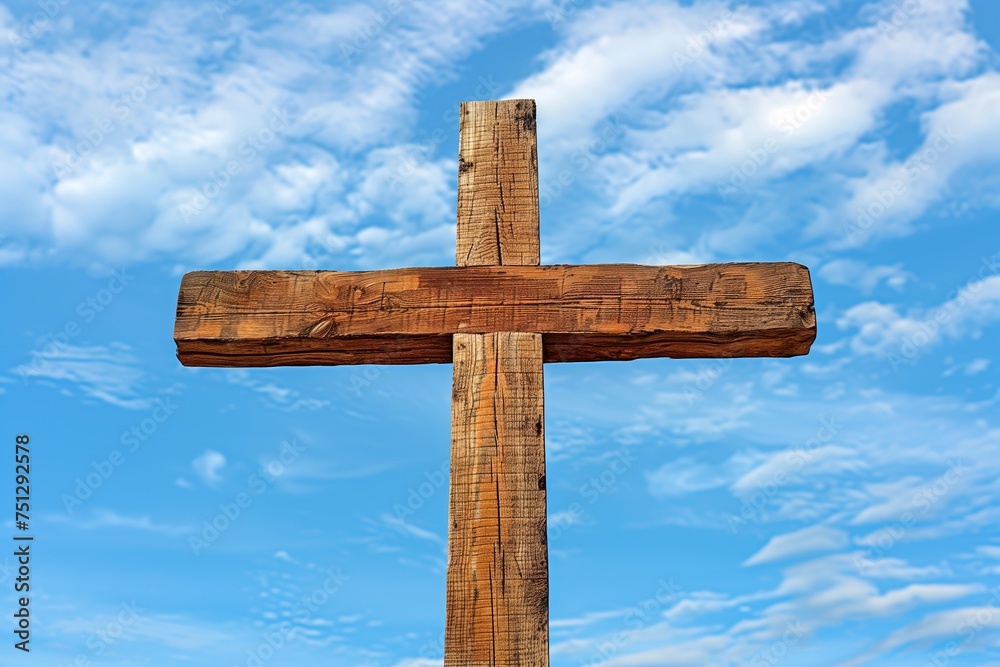 Rustic wooden cross against a vibrant blue sky with wispy clouds, conceptual Christian religious background for Easter, with copy space