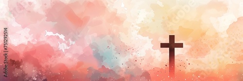 Abstract watercolor background in warm tones with a Christian cross silhouette on the right, space for text, suitable for Easter or spiritual themes