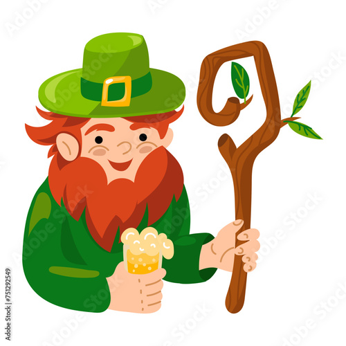 A leprechaun character with a beer mug and a stick in the leaves. A man in a green suit with a mug of foamy yellow beer. Red beard and hair sticking out from under the hat. A cute character of spring photo