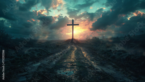 Recreation of a big cross in a wet road at sunset	 photo