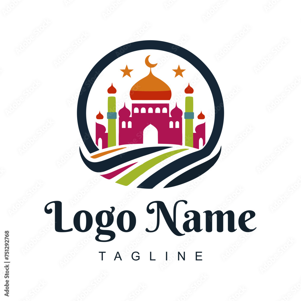 Colored mosque silhouette logo, and the book of the Koran