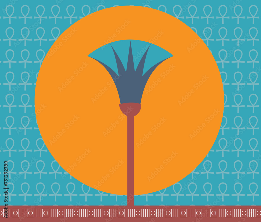 Naklejka premium Sacred lotus flower during sunset - Pharaonic symbol of Ancient Egypt - Illustration Vector with ancient Egyptian Color palettes 