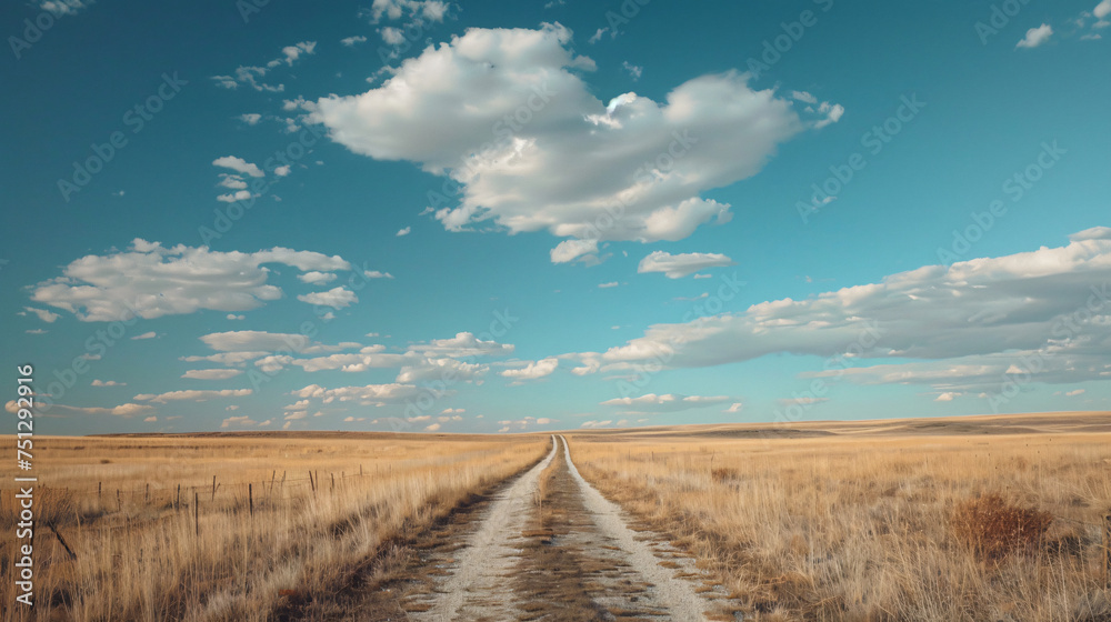 A road running through grassyland under a blue sky